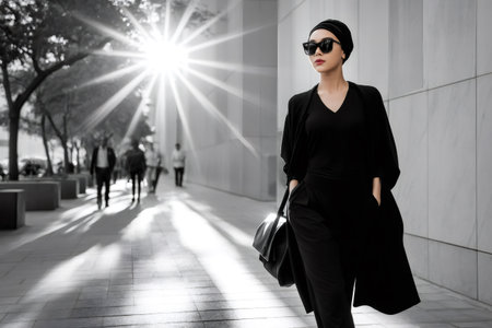 Stylish woman walking city street in black clothes and sunglasses on a sunny dayの素材