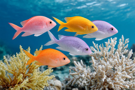 School of tropical fish navigating through a healthy underwater marine environmentの素材