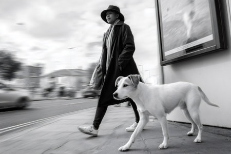 Woman and dog walking together on a city street in black and white with motion blurの素材