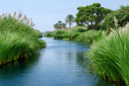 Lush green reeds lining a tranquil river flowing through a natural oasisの素材