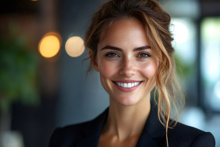 Smiling woman with freckles looking at the camera with bokeh backgroundの素材