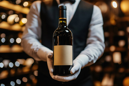 Sommelier wearing gloves holding a red wine bottle in a dimly lit wine cellarの素材