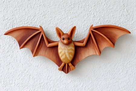 Brown wooden bat sculpture creating decorative wall art against a textured backgroundの素材