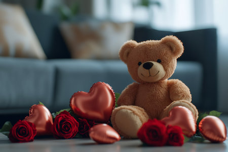 Teddy bear, red roses, and heart balloons celebrating love and Valentine's Dayの素材