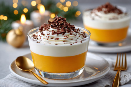 Layered panna cotta dessert with whipped cream and chocolate shavings on a festive tableの素材