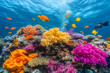 Vibrantly colored coral reef providing habitat for tropical marine life in clear ocean waterの素材