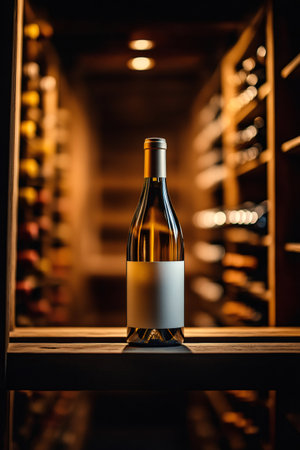 White wine bottle featuring blank label on a wooden shelf in a vineyard cellarの素材