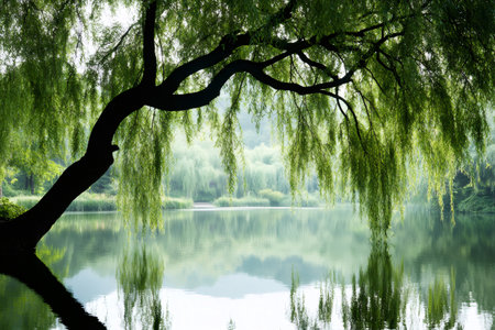 Green weeping willow branches reflecting in calm lake water, showing peaceful natureの素材