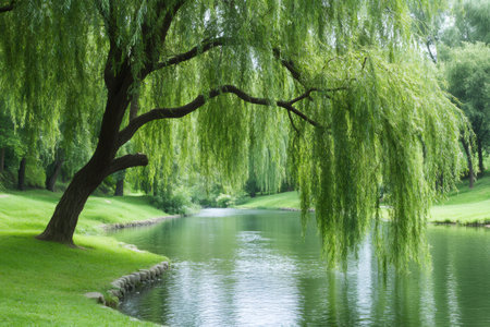 Weeping willow tree branches hanging over the water, reflecting in a serene pondの素材