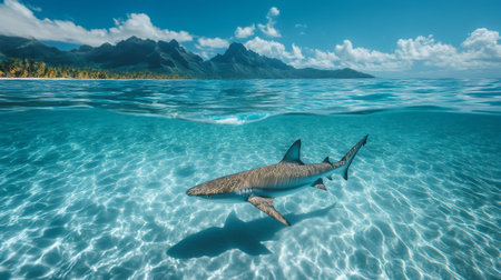 Reef shark swimming over sandy seafloor with island paradise above waterの素材