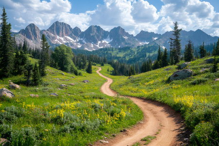 Winding dirt trail passing through a green alpine meadow with wildflowers, forest, and mountains under a blue skyの素材