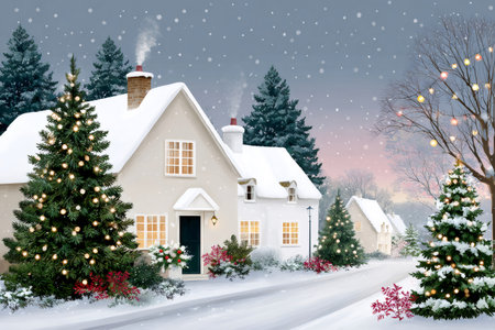 Festive winter village scene illustrating houses, snow, and illuminated Christmas treesの素材