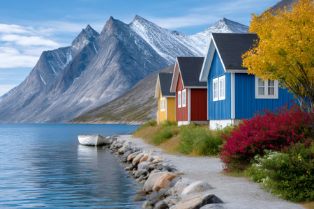 Brightly painted houses sit along the tranquil fjord, backed by towering snow-capped mountainsの素材