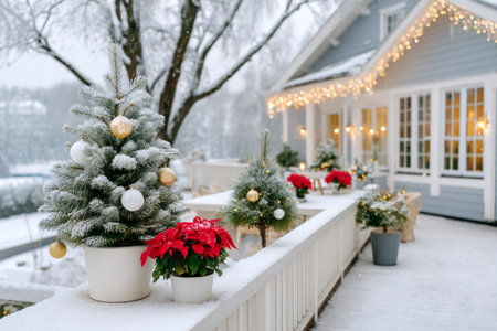 House porch covered with snow and decorated with Christmas trees and poinsettias during winterの素材