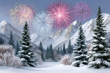 Fireworks bursting over mountains, celebrating winter holidays in a snowy spruce forestの素材