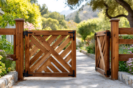 Open wooden gate revealing a garden path leading into blurred green natureの素材