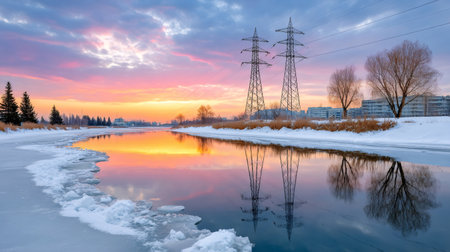 Winter sunset reflecting colors on a partially frozen river with power lines and urban buildingsの素材