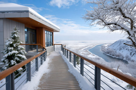 Modern house offering panoramic views of a winding river valley covered in fresh winter snowの素材