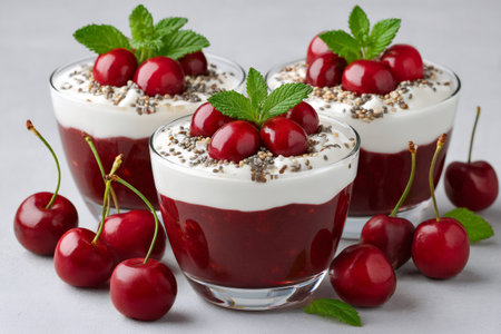 Three glasses of cherry parfait with yogurt, chia seeds and mint leavesの素材
