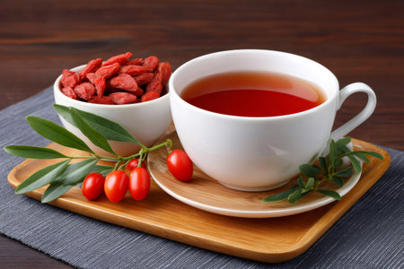 Goji berry herbal tea served with fresh and dried goji berries on a wooden trayの素材