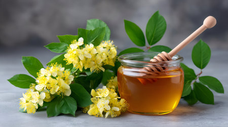 Honey pot with wooden dipper and linden branches displaying yellow blossomsの素材