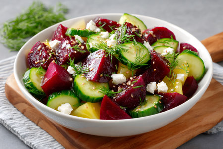 Fresh beetroot cucumber salad topped with feta, dill, and sesame on a wooden boardの素材