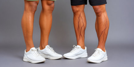 Male legs depicting normal anatomy and a detailed view of veins in the calfの素材