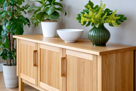 Wooden sideboard featuring plants, a white bowl, and a green vase with fresh flowers, creating a natural home decorの素材