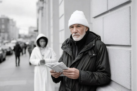 Senior man leaning against a wall, holding a newspaper in a black and white urban settingの素材