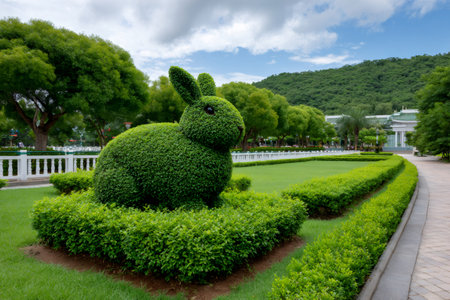 Topiary rabbit sculpture standing prominently in a manicured park garden with green hedgesの素材