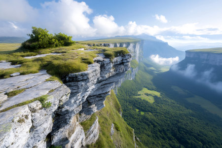 Steep rock cliffs with green vegetation looking over a vast mountain valleyの素材