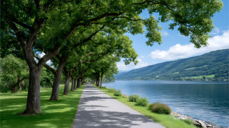 Paved pathway winding along a lake, lined with lush green trees and distant mountainsの素材