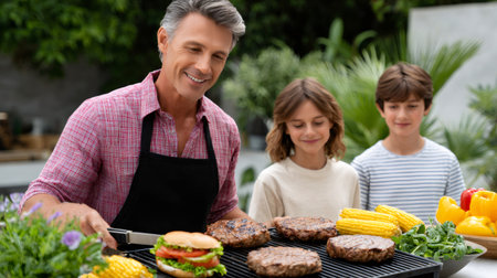 Happy family cooking on a barbecue grill in the backyard during summerの素材