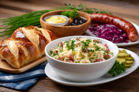 Hearty German dishes featuring sauerkraut, sausage, red cabbage, and pretzel bread on a wooden tableの素材