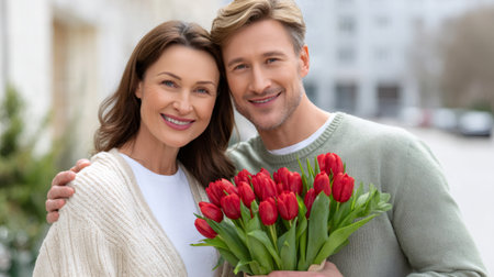 Mature couple smiling and embracing, enjoying a romantic moment with a bouquet of red tulipsの素材