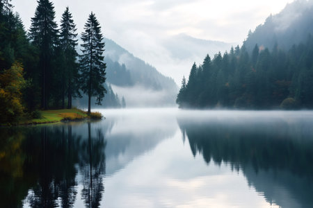 Tranquil lake with fog, mountains, and trees reflecting on the calm water at dawnの素材