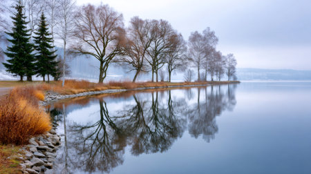 Still lake water reflecting bare trees and winter landscape under a muted skyの素材