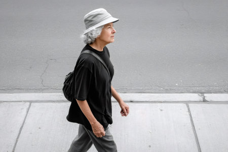 Senior woman wearing a hat and backpack walking on a sidewalk in a cityの素材