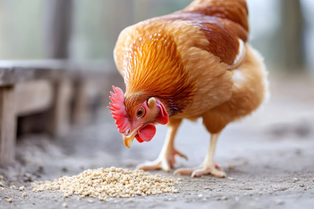 Chicken hen pecking granular feed from the ground on a farmの素材