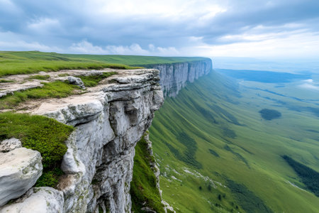 Dramatic cliff edge with green plateau creating a vast scenic overlookの素材