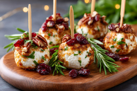 Appetizer skewers of breaded goat cheese, cranberries, and pecans on a wooden boardの素材