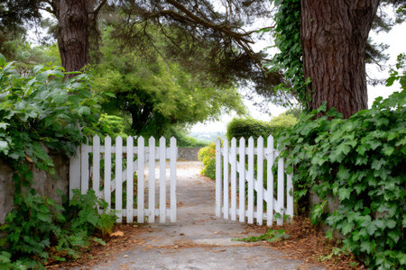 White picket gate stands open on an asphalt road leading into a lush green gardenの素材