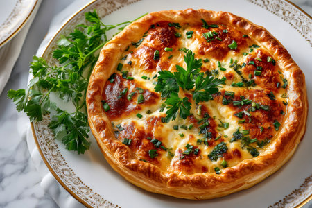 Savory quiche with golden crust, sprinkled with fresh chives and parsleyの素材