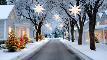 Snow-covered street in a quiet neighborhood lit with holiday decorations and hanging star lightsの素材
