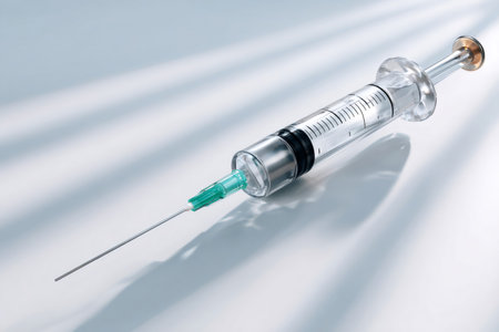 Syringe full with clear liquid for medical purpose on a light backgroundの素材
