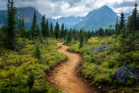 Winding dirt path leading through an alpine forest with mountains under a cloudy skyの素材
