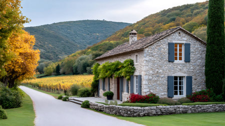 Rustic stone house standing beside a vibrant golden vineyard during autumn in the French countrysideの素材