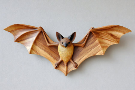 Wooden bat sculpture with wings spread, symbolizing nature and wildlife artの素材