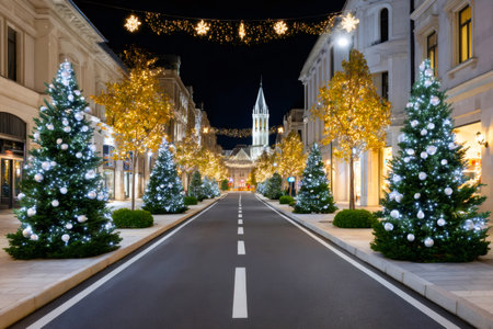 City street decorated with illuminated Christmas trees and festive lights at nightの素材