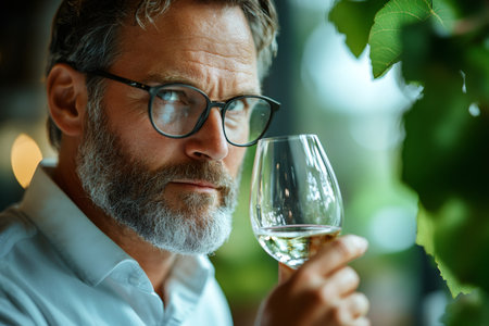 Man with beard and glasses concentrating on white wine aroma during tastingの素材
